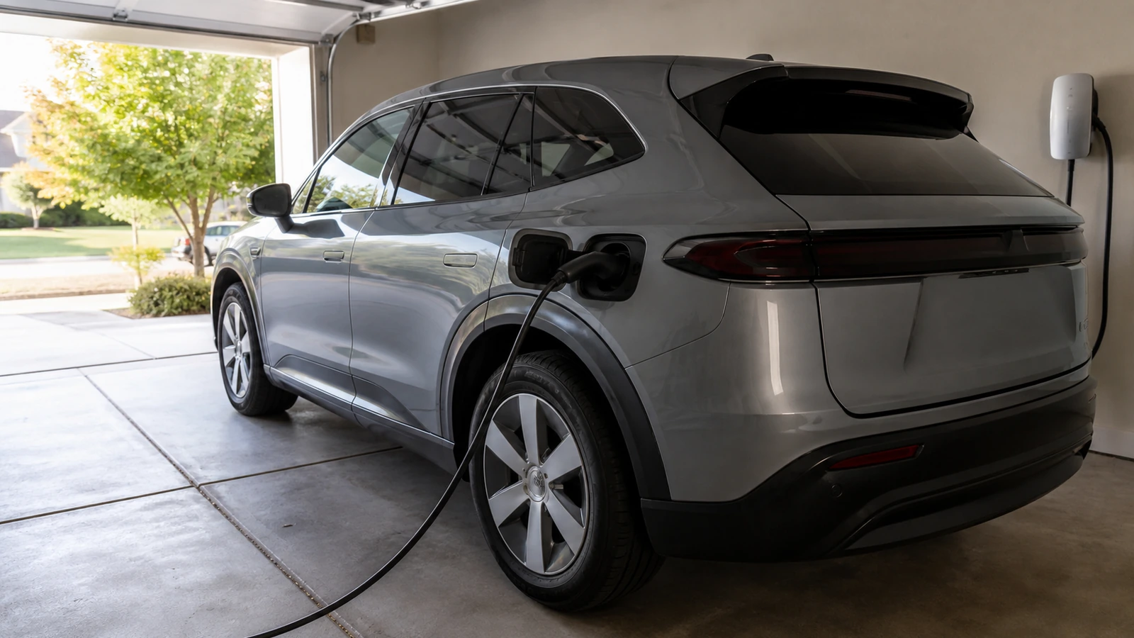 Véhicule électrique branché dans un garage